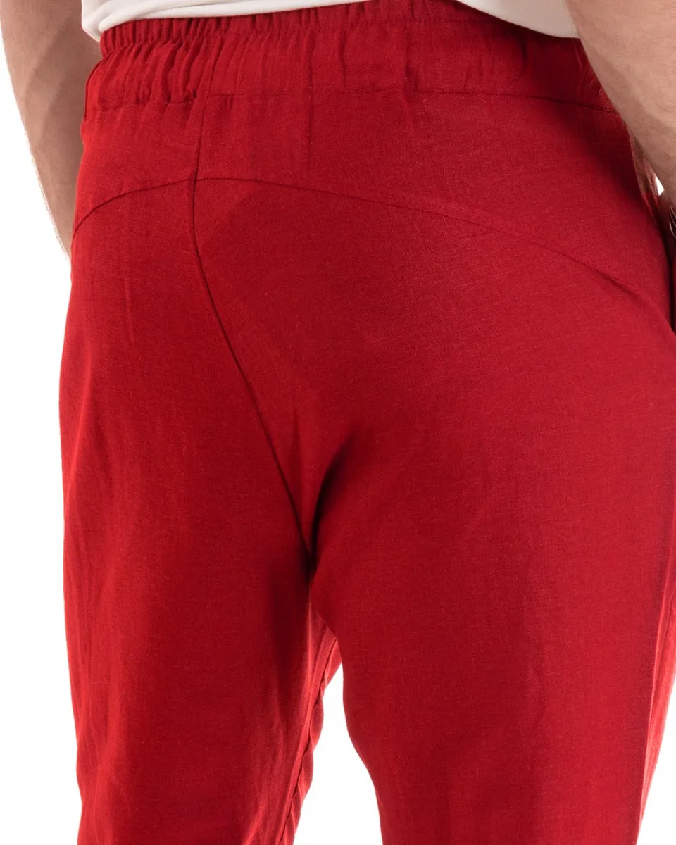 Pantaloni Uomo Pantalaccio Lino Lungo Jogger Elastico Sartoriale Casual Tinta Unita Rosso GIOSAL-P5813A