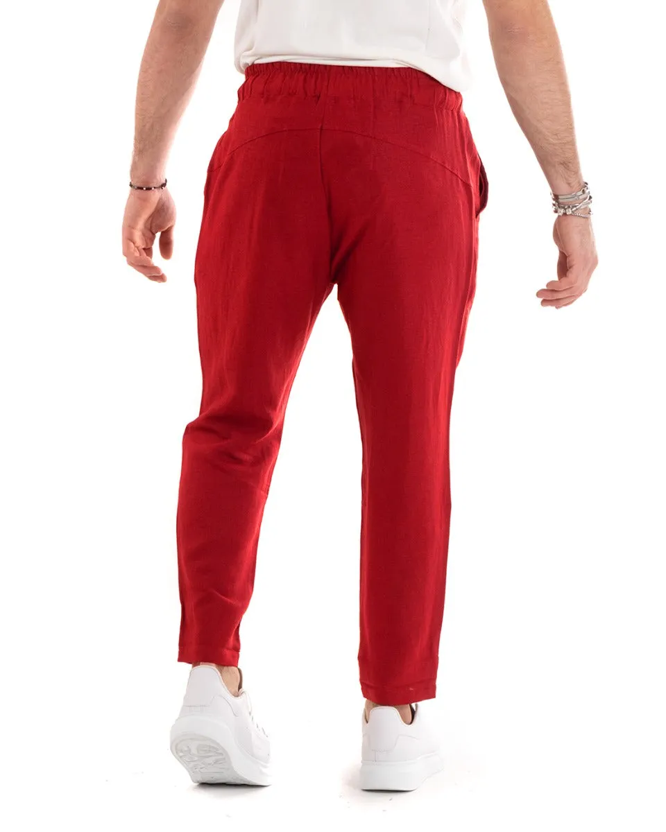 Pantaloni Uomo Pantalaccio Lino Lungo Jogger Elastico Sartoriale Casual Tinta Unita Rosso GIOSAL-P5813A