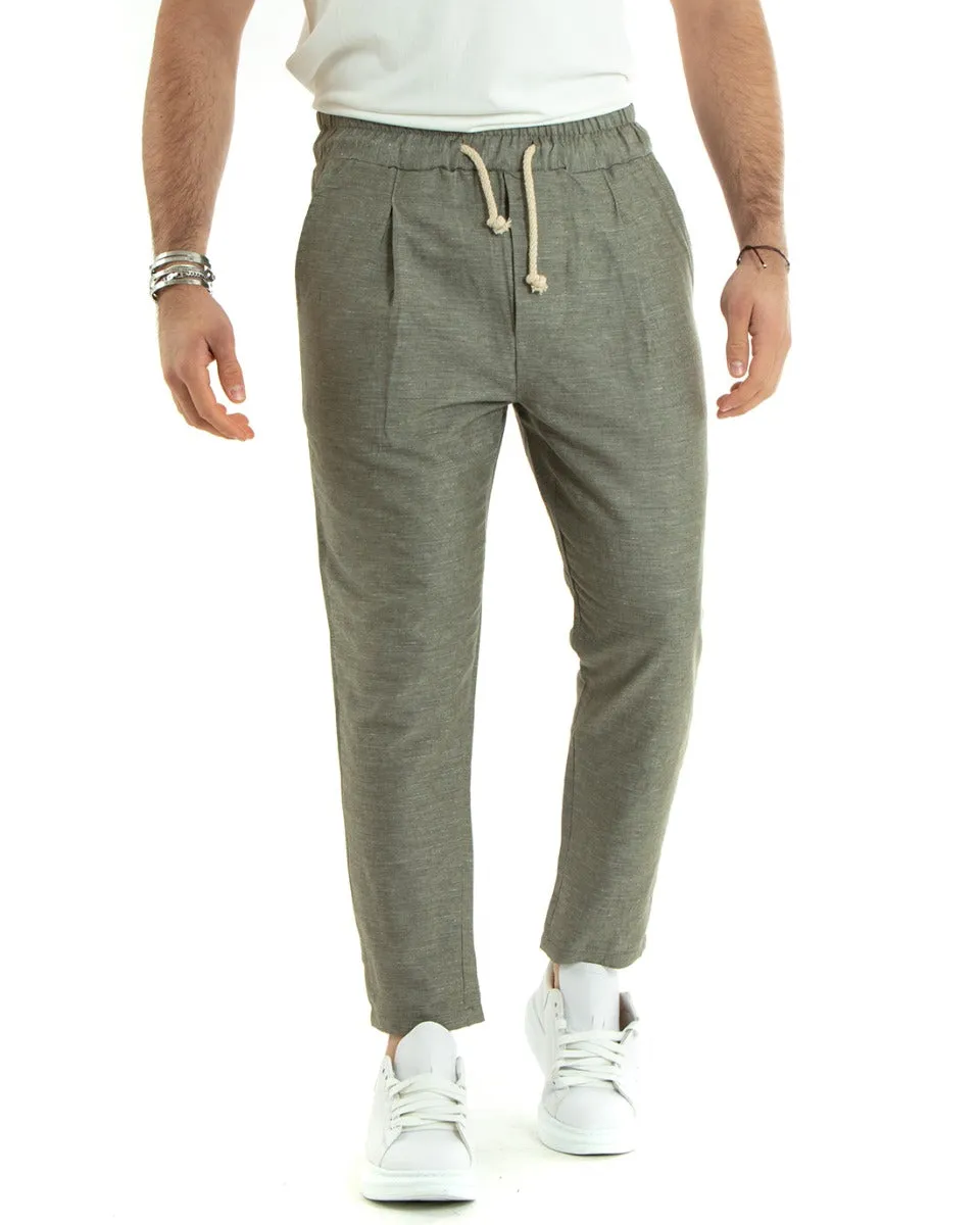 Pantaloni Uomo Pantalaccio Lino Lungo Jogger Elastico Sartoriale Casual Tinta Unita Verde Melangiato GIOSAL-P5809A