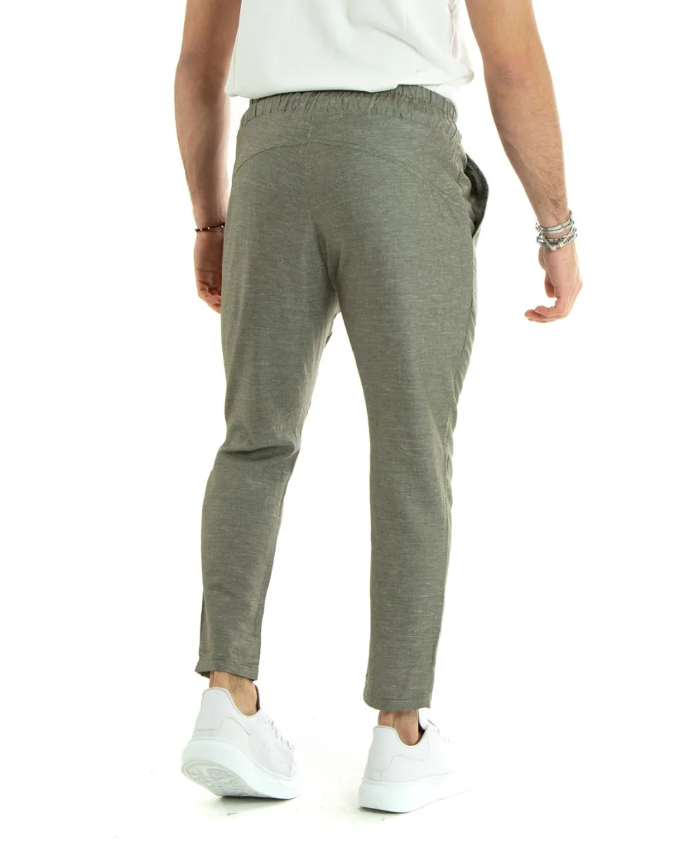 Pantaloni Uomo Pantalaccio Lino Lungo Jogger Elastico Sartoriale Casual Tinta Unita Verde Melangiato GIOSAL-P5809A