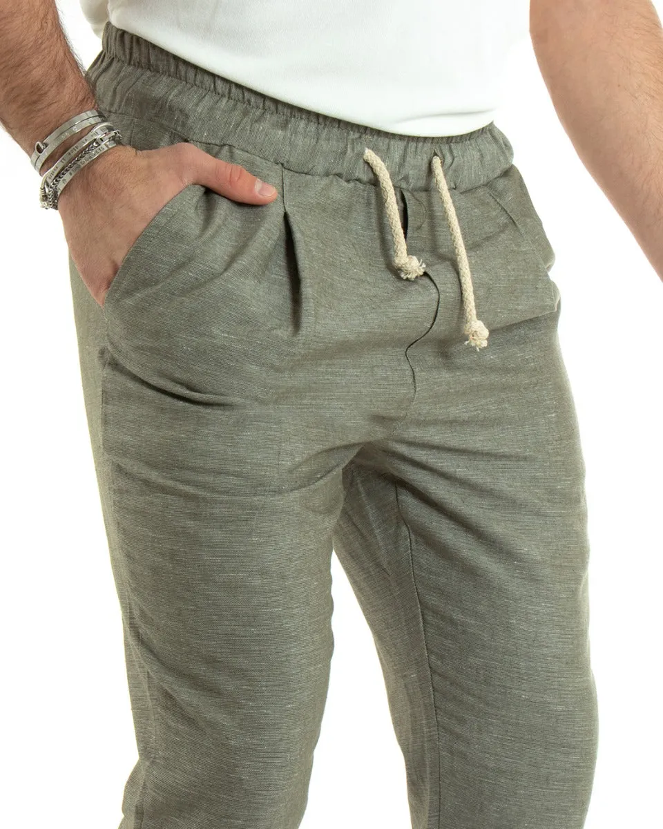 Pantaloni Uomo Pantalaccio Lino Lungo Jogger Elastico Sartoriale Casual Tinta Unita Verde Melangiato GIOSAL-P5809A