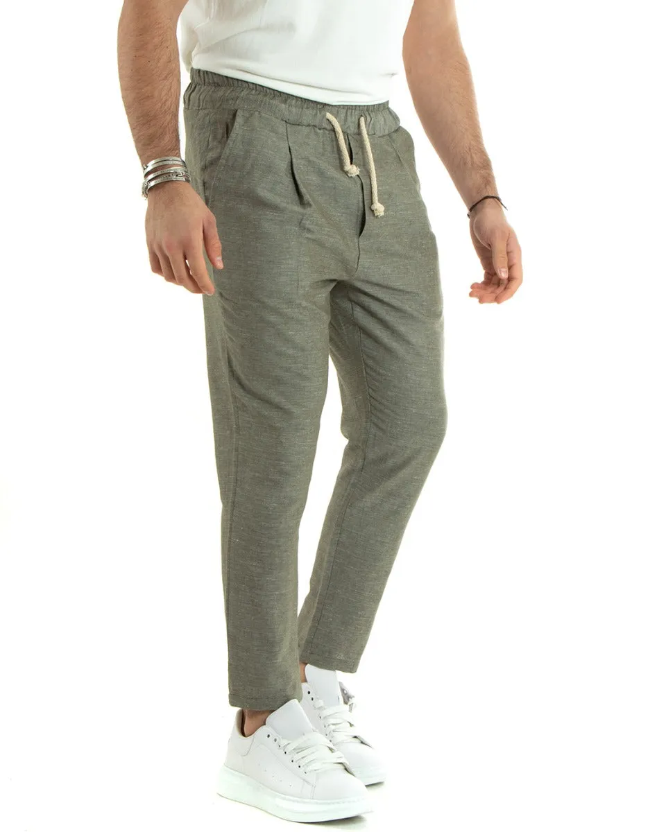 Pantaloni Uomo Pantalaccio Lino Lungo Jogger Elastico Sartoriale Casual Tinta Unita Verde Melangiato GIOSAL-P5809A