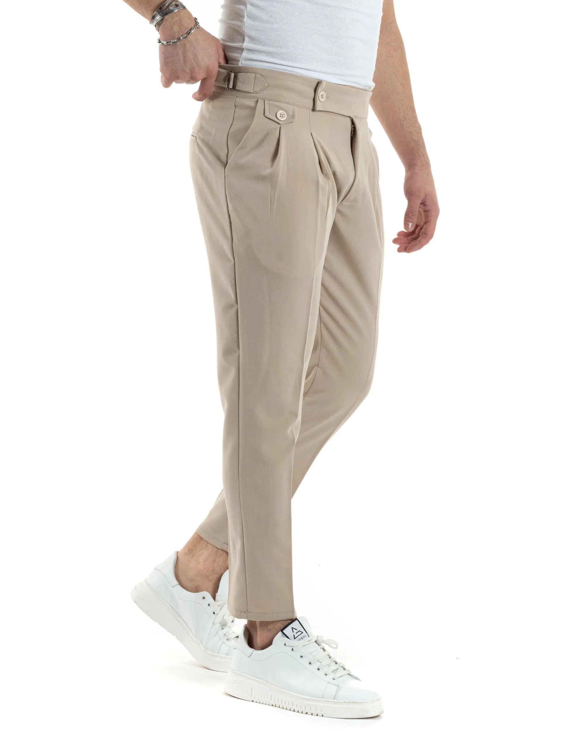 Pantaloni Uomo Tasca America Vita Alta Classico Pinces Abbottonatura Allungata Fibbia Casual Beige GIOSAL-P6041A