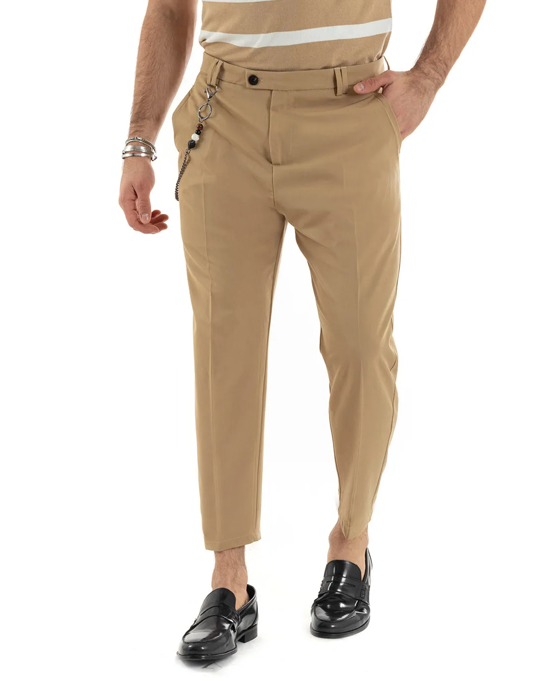 Pantaloni Uomo Viscosa Tasca America Camel Abbottonatura Allungata Capri Sartoriale GIOSAL-P5980A