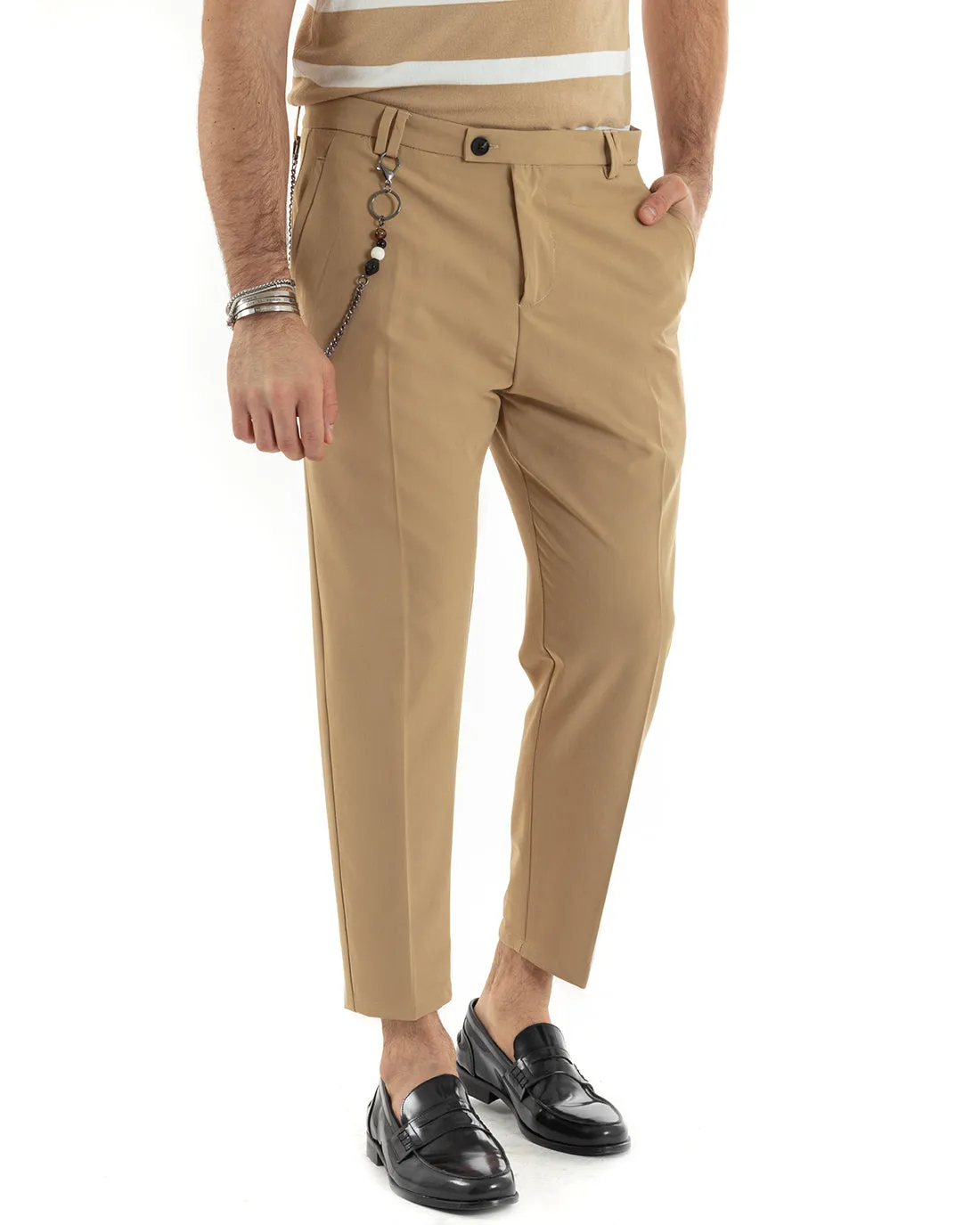 Pantaloni Uomo Viscosa Tasca America Camel Abbottonatura Allungata Capri Sartoriale GIOSAL-P5980A