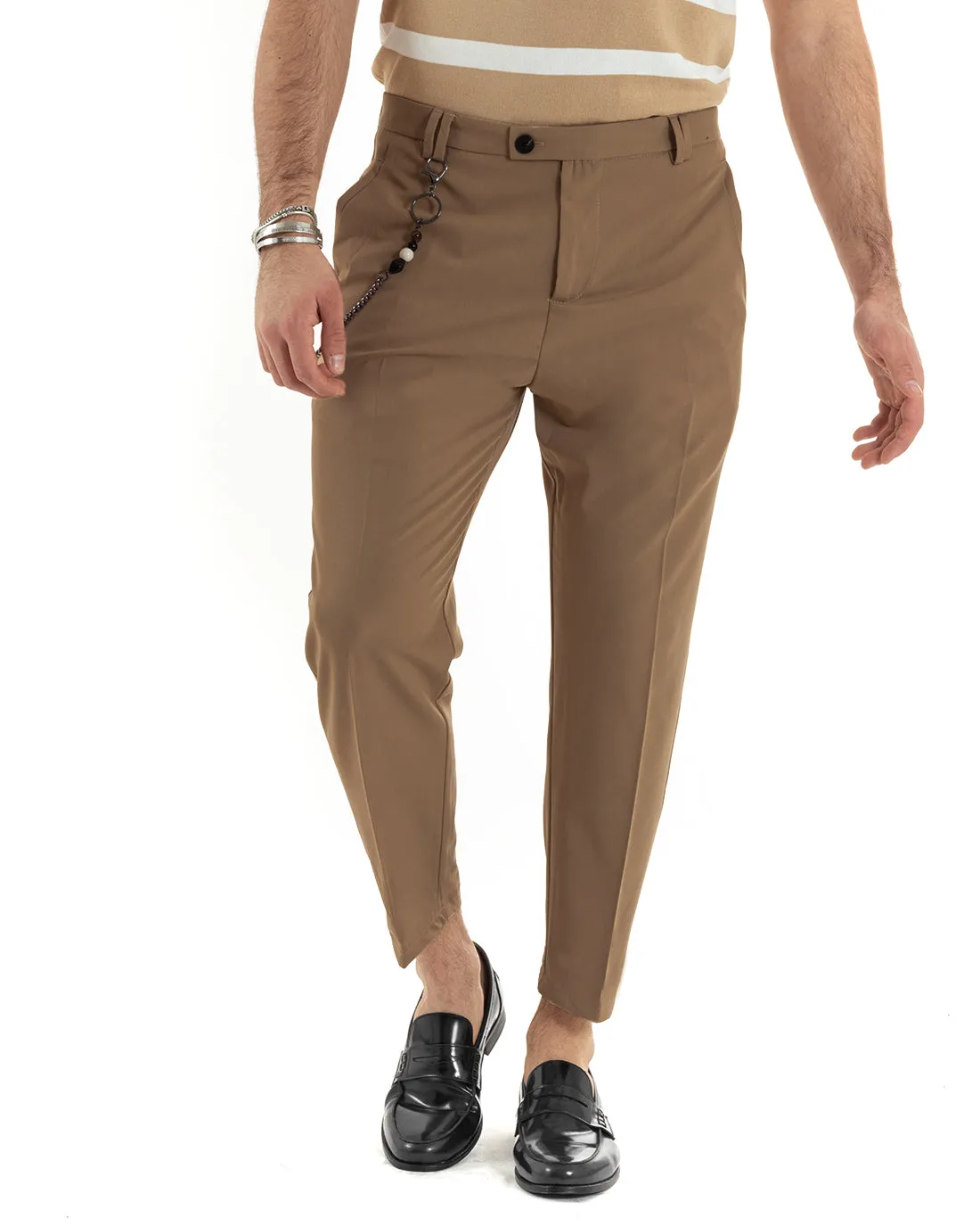 Pantaloni Uomo Viscosa Tasca America Tabacco Abbottonatura Allungata Capri Sartoriale GIOSAL-P5976A