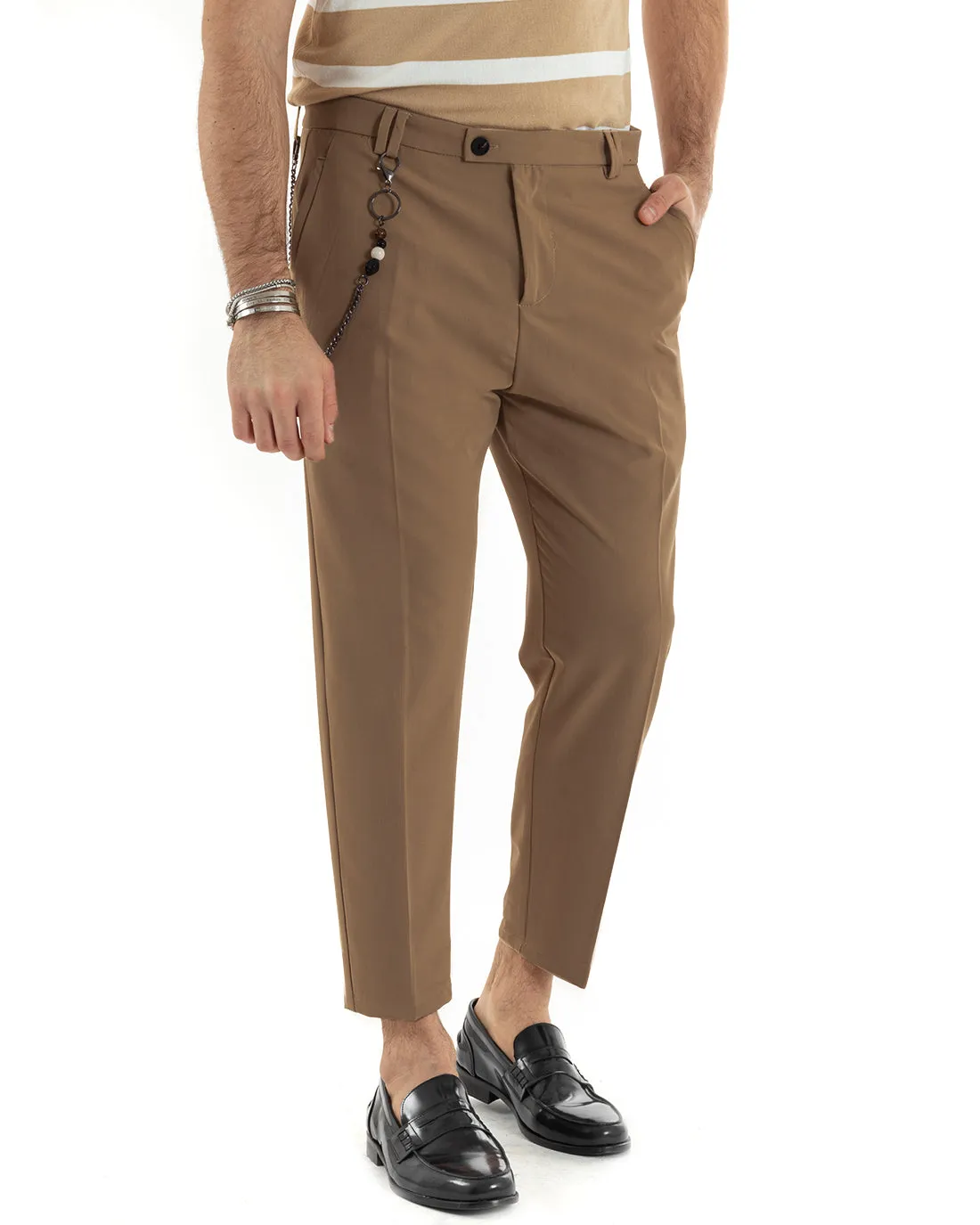 Pantaloni Uomo Viscosa Tasca America Tabacco Abbottonatura Allungata Capri Sartoriale GIOSAL-P5976A