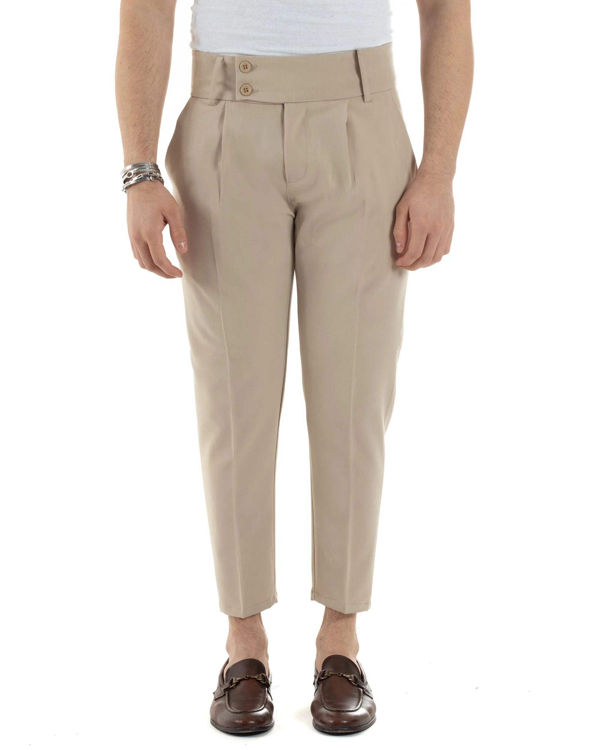 Pantaloni Uomo Viscosa Tasca America Vita Alta Classico Pinces Abbottonatura Allungata Casual Beige GIOSAL-P6048A