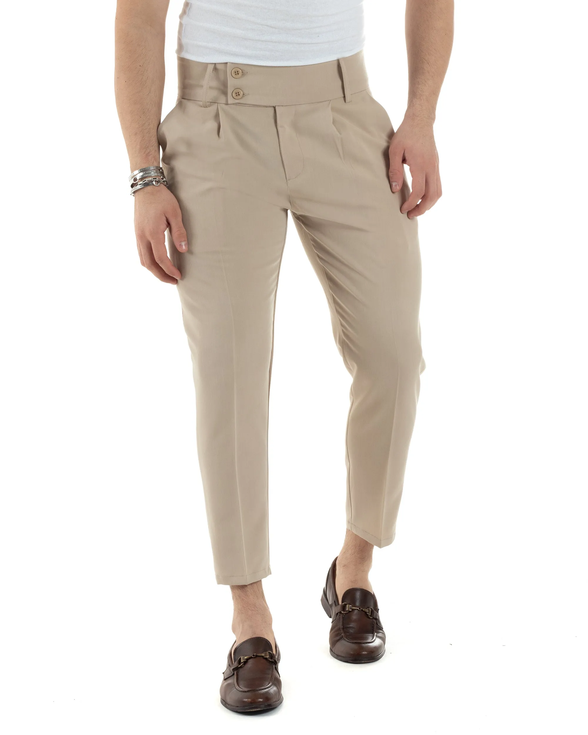 Pantaloni Uomo Viscosa Tasca America Vita Alta Classico Pinces Abbottonatura Allungata Casual Beige GIOSAL-P6048A