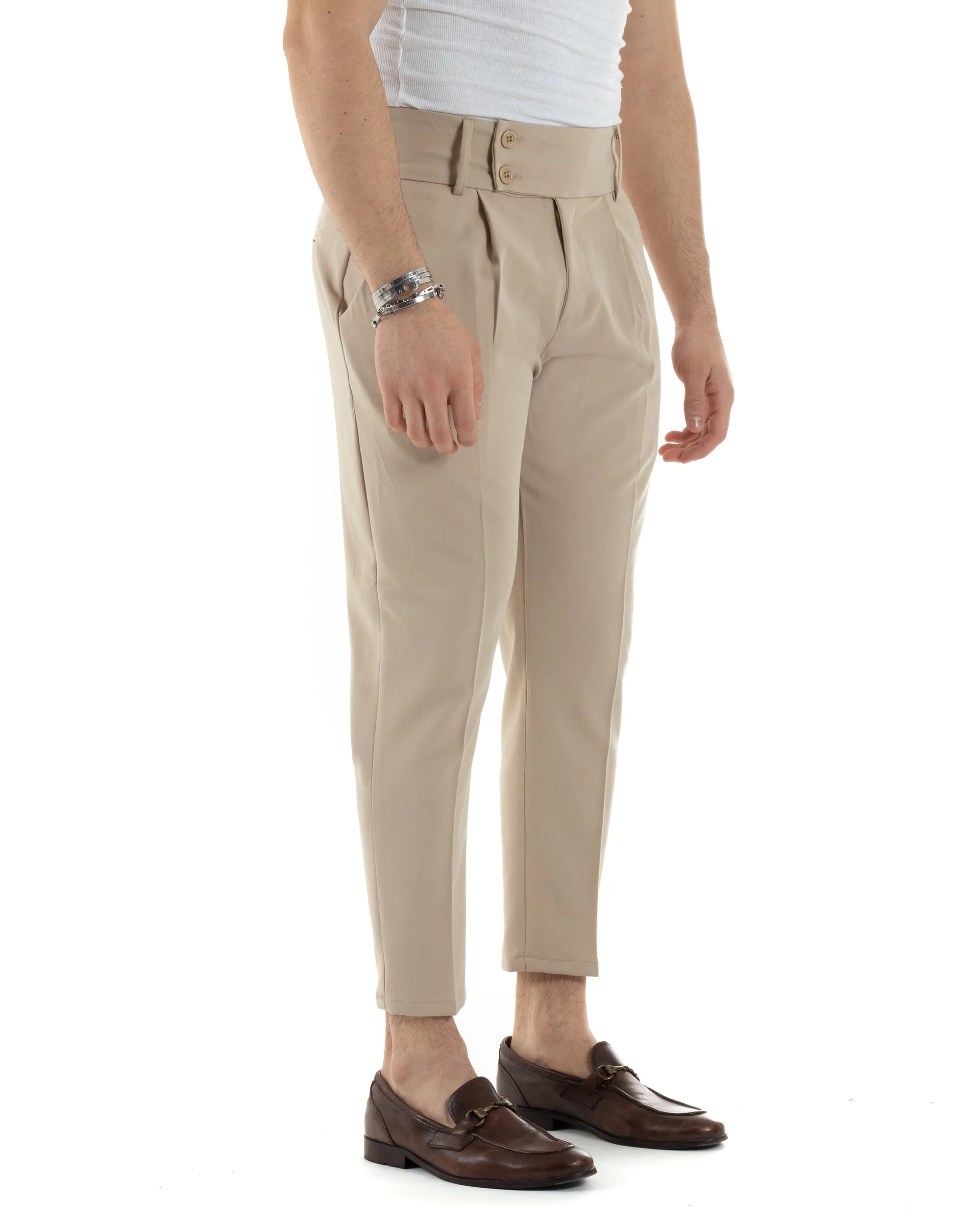 Pantaloni Uomo Viscosa Tasca America Vita Alta Classico Pinces Abbottonatura Allungata Casual Beige GIOSAL-P6048A