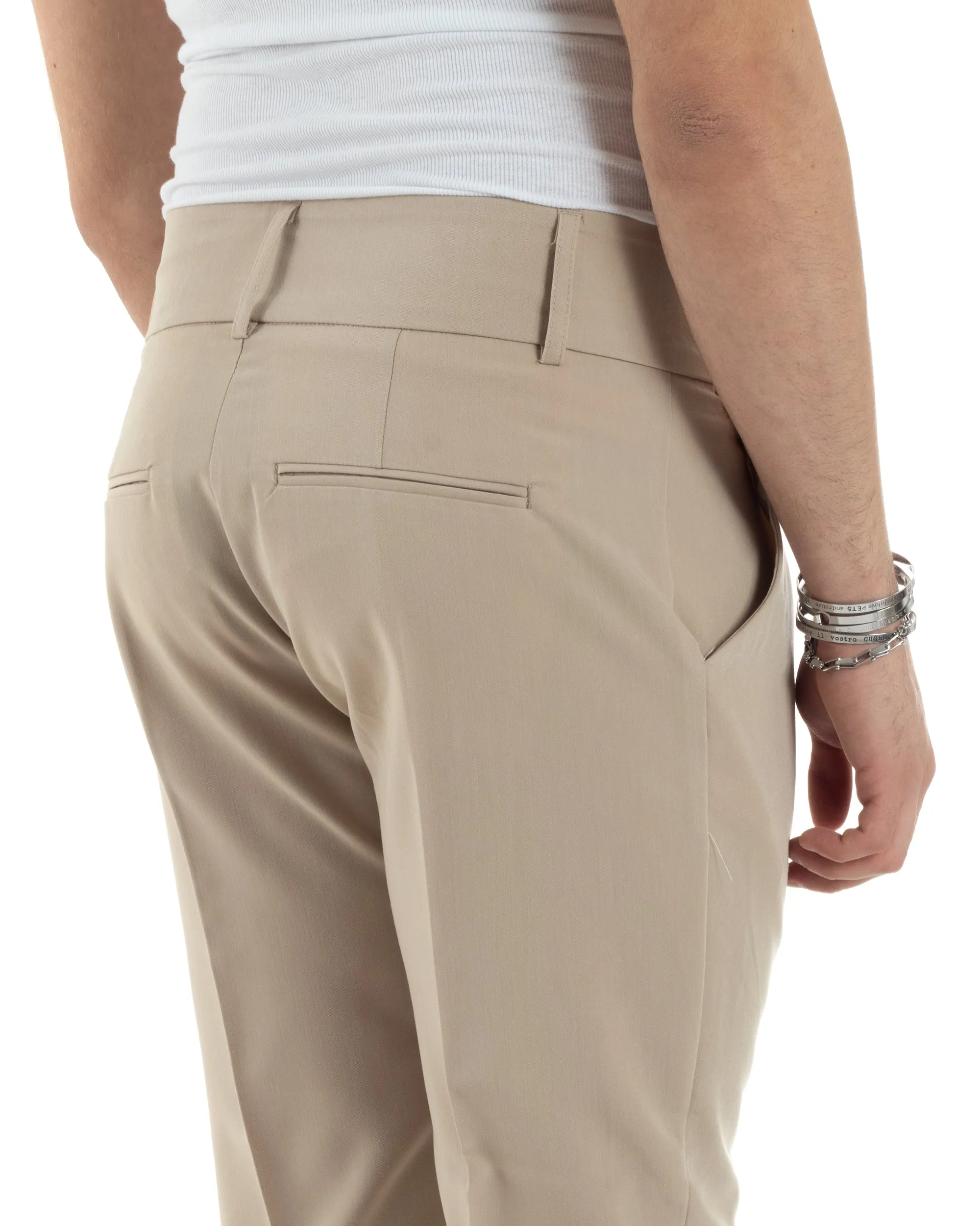 Pantaloni Uomo Viscosa Tasca America Vita Alta Classico Pinces Abbottonatura Allungata Casual Beige GIOSAL-P6048A